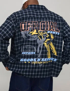 Men's Plus Oversized Moto Back Print Checked Shirt Navy Size 2X-Large Navy 2XL - boohooMAN - FashionsVida