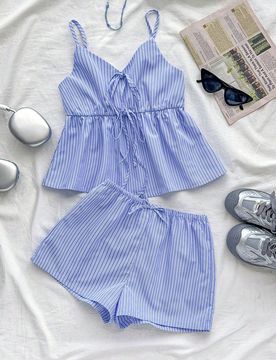 Conjunto de verano para adolescentes con top de tirantes azul y lazo delantero, y conjunto de verano casual