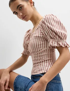 Linen Rich Printed Sweetheart Neck Top Brown Mix female - M&S - FashionsVida