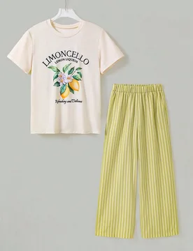 Conjunto de camiseta y pantalones casuales y lindos con estampado de cuadros y cerezas para niñas - Shein - FashionsVida