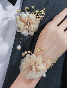 Pieza/2 piezas/6 piezas Corsage de muñeca premium unisex elegante con camelia de color champán, hoja dorada y decoración de cuentas, flor artificia - Shein - FashionsVida