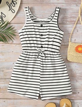 Mono holgado de punto con rayas negras y blancas y cintura ceñida para niñas preadolescentes, atuendo casual y versátil para salir, sesión de foto