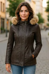 Quilted Leather Parka Jacket-Winton - Brown - Size: 20