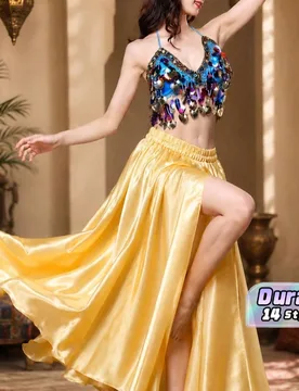 Falda larga de satén con doble abertura y manga abullonada - Falda de baile de moda para danza del vientre, flamenco, actuaciones de rock - Shein - FashionsVida