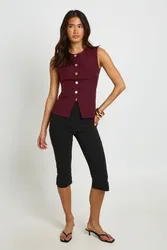 Womens Button Trim Detail Tailored Waistcoat - Wine - Size 16 Uk