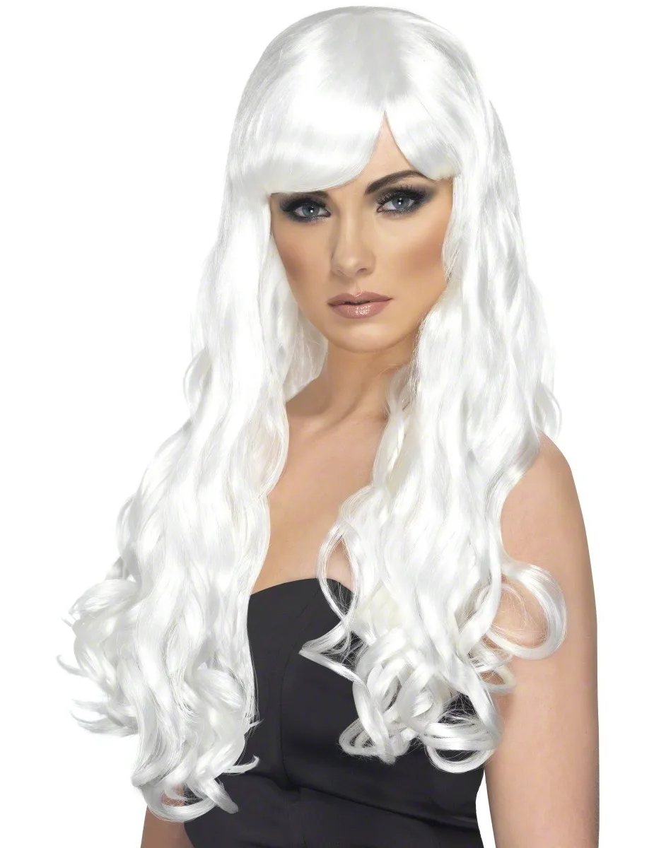 Langhaar Locken Pony Hexe Gothic Perücke weiss - RUBIES NL - FashionsVida