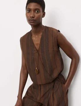 Pure Flax Linen Striped Wrap Top Brown Mix female - Autograph - FashionsVida