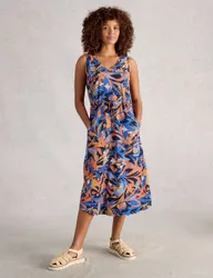 Pure Cotton Jersey V-Neck Midi Dress Navy Mix female