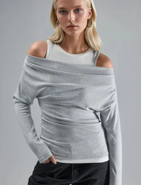Womens Soft Touch Crew Neck Long Sleeve Double Layer Knit Blouse - Grey - Hiccup - FashionsVida