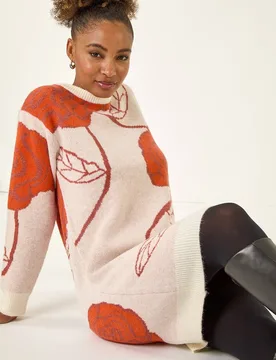 Women's Rose Print Knitted Shift Dress in Orange Size: 18 - Orange - Size: 18 - Roman - FashionsVida