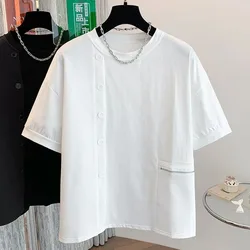 Summer Men O Neck Short Sleeve T Shirt Striped Spliced Button Zipper Pocket Fashion Chic Simple 2xl Oversized Clothing Top White