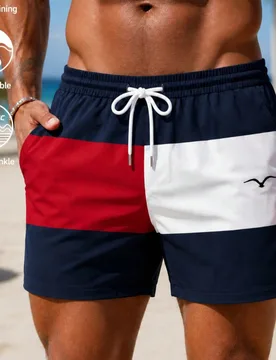 Pantalones cortos de playa casuales de moda para hombre con estampado de bloques de color, forro de malla, cintura elástica con cordón y bolsillos i - Shein - FashionsVida