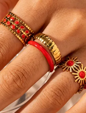 Juego de 3 anillos abiertos de acero inoxidable con esmalte dorado y rojo, estilo vintage, adecuado para uso diario de mujeres o como regalo - Shein - FashionsVida