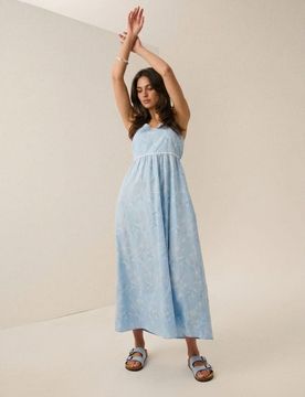 Abito maxi in cotone con spalline e stampa floreale - blu pallido