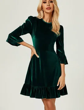 Women's Velvet Frill Detail Mini Dress in Green Size: XL - Green - Size: XL - FS Collection - FashionsVida