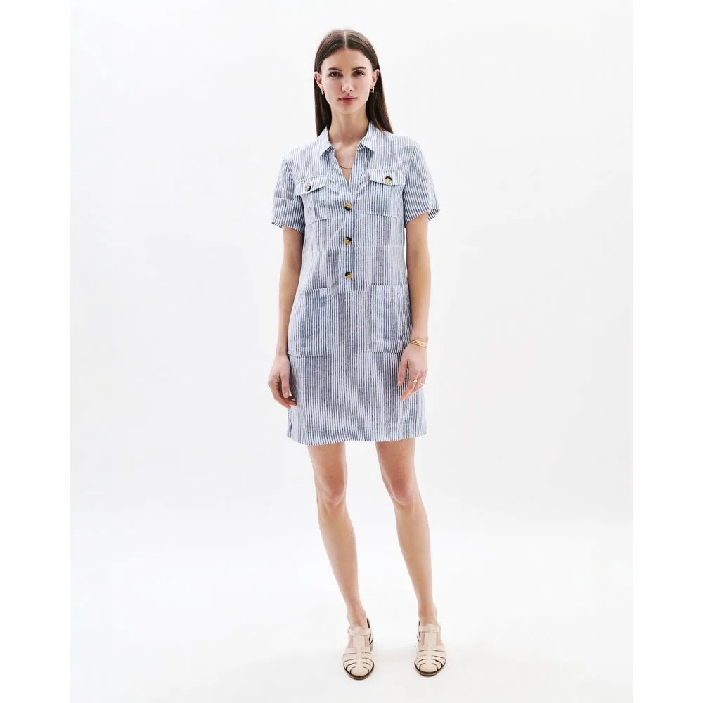 Vestido corto de mujer con estampado de rayas en lino 100% - Caroll - FashionsVida