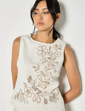 Women's Floral Embroidered Cotton Denim Top in Stone Size: 8 - Stone - Size: 8 - Apricot - FashionsVida