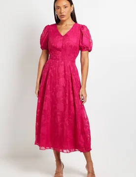 Floral Jacquard Puff Sleeve Midi Dress - Pink - Size: 14 - Debenhams - FashionsVida