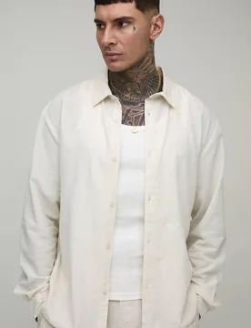 Men's Tall Oversized Long Sleeve Linen Blend Shirt Natural Size Small Natural S - boohooMAN - FashionsVida