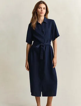 Pure Linen Button Through Midi Shirt Dress Navy female - Gant - FashionsVida