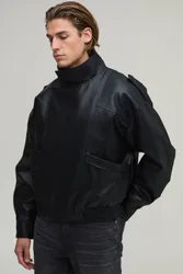 Herren Kastige Geschnittene PU-Trichterkragen Bikerjacke Black Größe Small