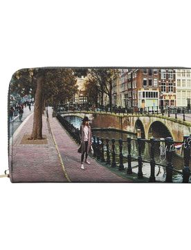 Portafoglio grande zip around similpelle stampa AMSTERDAM BRIDGE verde