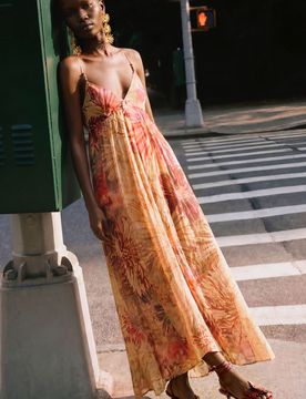 Vestido largo estampado, Mujer, Poliester, Rojo, L