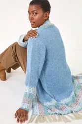 Patterened Fringe Cardigan Sweater - Light Blue - Size: 10