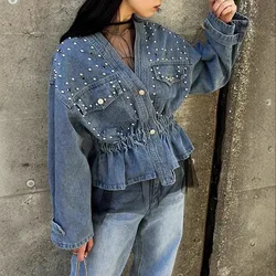 Women's New Autumn and Winter Diamond Beads Loose Denim Jacket Long-sleeved Top