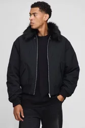 Men's Regular Fit Faux Fur Collar Nylon Bomber Jacket Black Size X-Small Black XS