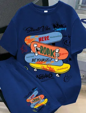 Set de 2 piezas Conjunto de camiseta de manga corta con estampado de monopatín callejero para niños, cómodo y transpirable, uso casual diario para - Shein - FashionsVida
