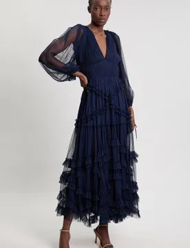Women's Tulle Layered Long Sleeve Maxi Dress in Navy Size: 6 - Navy - Size: 6 - Karen millen - FashionsVida