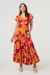 Women's Floral Cap Sleeve Relaxed Maxi Dress in Red Size: 12 - Red - Size: 12