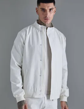 Herren Tall Gestreiftes Seersucker Stehkragen Smart Jacket Ecru Größe 46 - boohooMAN - FashionsVida