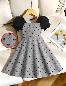 Pieza Vestido de verano casual delgado para niñas, gris vintage con lazo aterciopelado, manga corta abullonada, cuello cuadrado y cremallera oculta e - Shein - FashionsVida