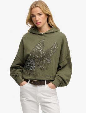 Superdry Damen Baumwolle Paillette Übergroßer Hoodie Mit Tattoo-Verzierung, Grün & Silber - Größe: 36