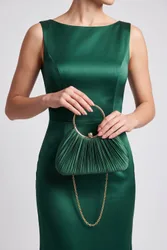 Pleated Satin Evening Bag with Gold Ring Handle - Green - Size: One Size