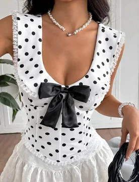 Polka Dot Camisole Top Fashionable Bow Summer New Women's Clothing Lace Patchwork Fishbone Waist Small Vest Corset Ropa Mujer - Aliexpress - FashionsVida