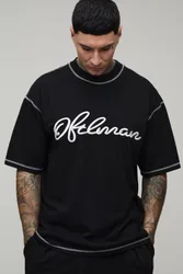 Herren Übergroßes Oberteil Für Große Größen Mit Sichtbaren Nähten, Kontraststich Und Stickerei Black Größe Large