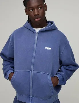 Herren Übergroßer Kastenförmiger Herren-Kapuzenpullover Mit Durchgehendem Reißverschluss Und Sport-Waschung Blue Größe Medium - boohooMAN - FashionsVida