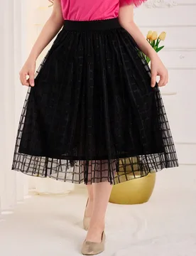 Falda midi elegante de malla a cuadros de cintura alta con forro para niña preadolescente, ideal para vacacionar - Shein - FashionsVida