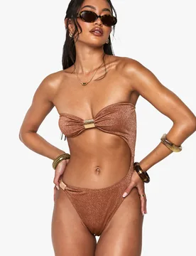 Womens Premium Hammered Gold Hardware Detail Cut Out Swimsuit - Rust - Size 14 Uk - Boohoo - FashionsVida