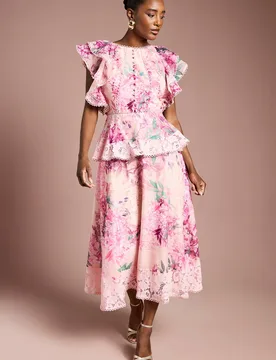 Women's Lace Trim Printed Ruffle Midi Dress in Blush Size: 12 - Blush - Size: 12 - Coast - FashionsVida