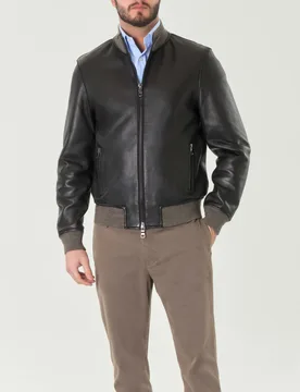 Giacca bomber Dragon in vera pelle color testa di moro accoppiata in lana - The Jack - FashionsVida