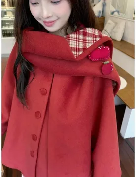 Autumn and Winter New Red Cape Shawl Woolen Coat Medium and Long Korean Version Sweet Loose Meat Covering Coat - Aliexpress - FashionsVida