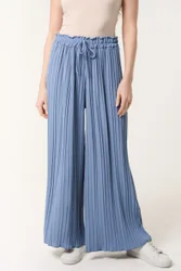 Wide Leg Plisse Drawstring Trousers - S/M / Denim - female