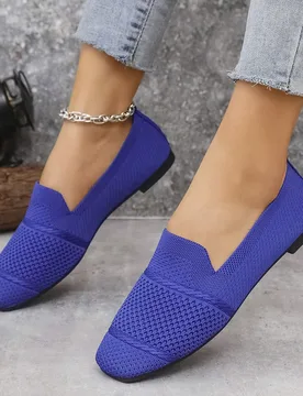 Zapatos planos de mocasín de mujer de punta cuadrada de punto, zapatos casuales cómodos y transpirables para mamá en primavera y otoño - Shein - FashionsVida