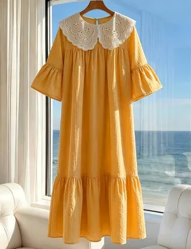 Vestido mini casual y lindo de otoño para niña preadolescente con bloques de color, cuello Peter Pan y dobladillo con volantes, para uso diario y va - Shein - FashionsVida