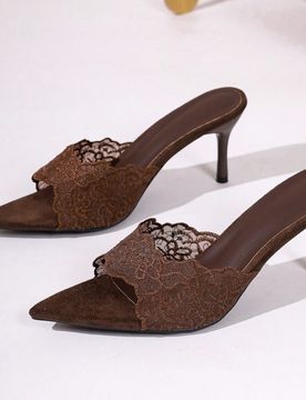 Sandalias de tacón alto de punta abierta con bordado de malla elegante marrón para mujer, transpirables, versátiles, de moda y sexys para fiestas y