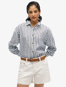 Superdry Women's Lässiges Hemd aus Leinen im Boyfriend-stil Blau - Größe: 36 - 79.99 - FashionsVida